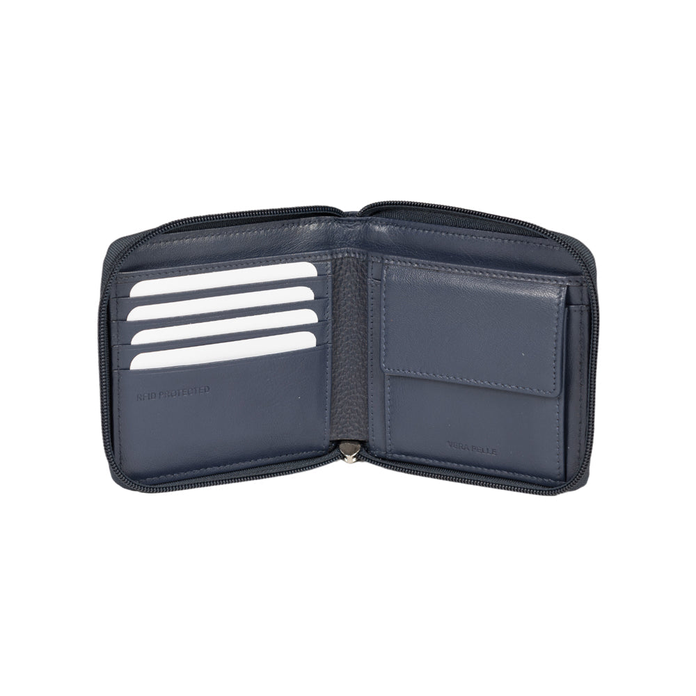 RB12175D | Zip Around Wallet in Genuine Full Grain Leather, Dollar Grain/Light. Color: Blue. RFID Protection. Closed Dimensions: 11.5 x 10.5 x 2 cm. Packaging: Gift box with lid/bottom-1
